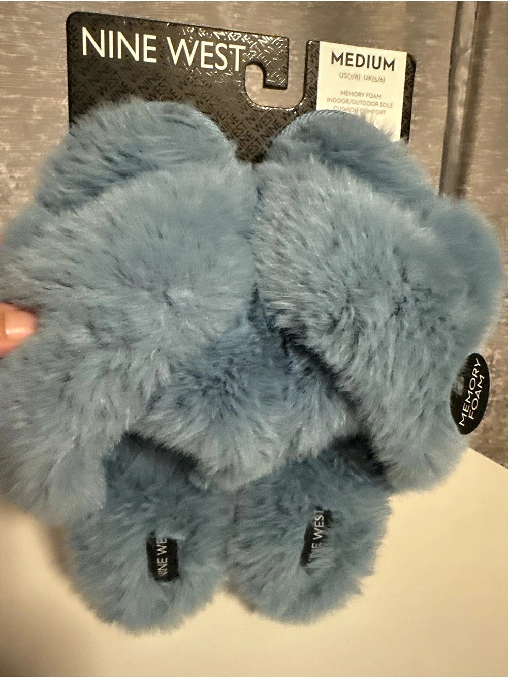 Nine West Faux Fur Crossband Slide Slippers Blue US 7/8 NWT